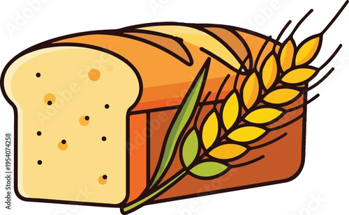 A fresh loaf of golden brown artisanal bread decorated with a single stalk of wheat illustration