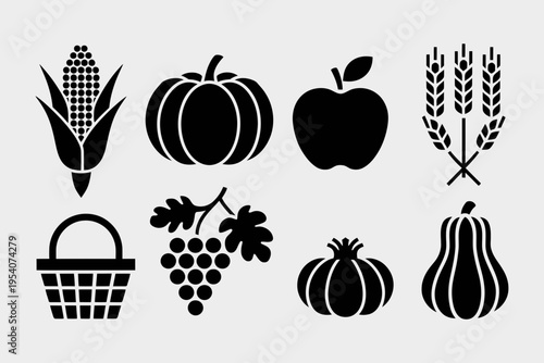 Set of black harvest and autumn agriculture icons featuring fruits vegetables and farm produce isolated on white background, Vector, illustration