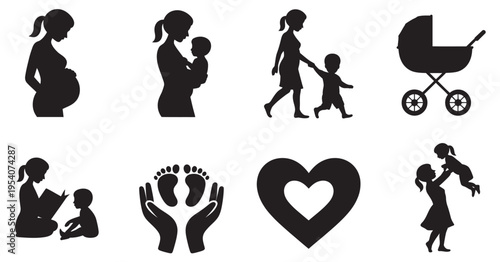 Motherhood and baby care silhouette icon set, pregnancy, nursing, parenting, maternity health, newborn, graphic design, marketing, vector, family, childcare, wellness symbols