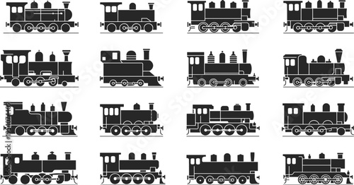 Set of vintage steam engine train silhouettes and locomotive icons for classic railway transportation vector design isolated on white background