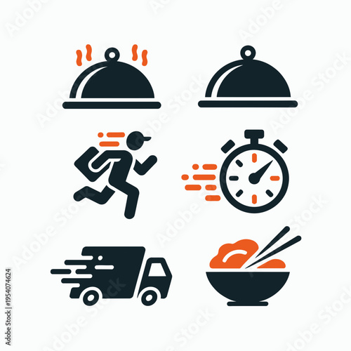 A collection of food delivery service icons featuring a courier, a delivery truck, and hot meals isolated on white background, Vector, illustration