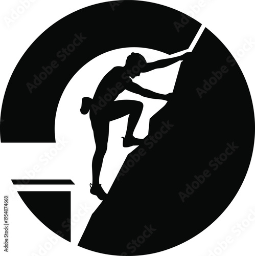Silhouette of a brave rock climber scaling a steep mountain cliff inside a circle for adventure sport logo and success