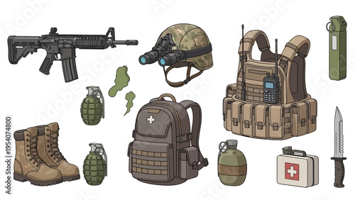 Military gear and equipment for combat and survival situations