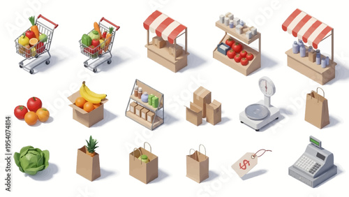 Colorful 3D grocery shopping icons including carts, produce, and checkout