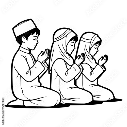 Children dressed in traditional attire, kneeling and praying together, capturing a moment of devotion and religious observance