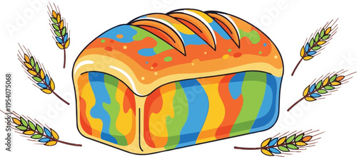 A vibrant loaf of rainbow bread surrounded by colorful wheat stalks on a clean white background