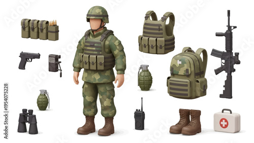 Toy soldier with military gear and accessories displayed