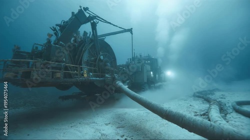 Underwater mining machine extracting resources from seafloor  