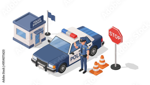 Police officer standing next to a police car outside