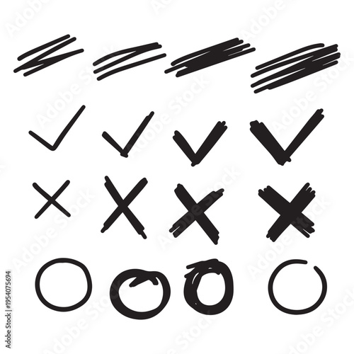 Hand drawn check marks crosses circles and boxes set, sketch style validation icons collection for design, forms, and user interfaces.
