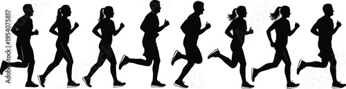 Black silhouettes of diverse men and women running and jogging in a row, athlete marathon training group, fitness exercise set, healthy lifestyle vector illustration