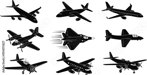 Collection of black airplane silhouettes featuring commercial jets, fighter planes, vintage propeller aircraft and military aviation icons, transport vector illustration isolated on white background.
