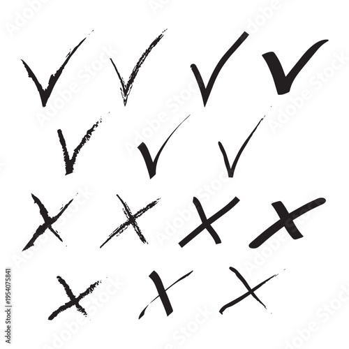 Hand drawn check marks crosses circles and boxes set, sketch style validation icons collection for design, forms, and user interfaces.
