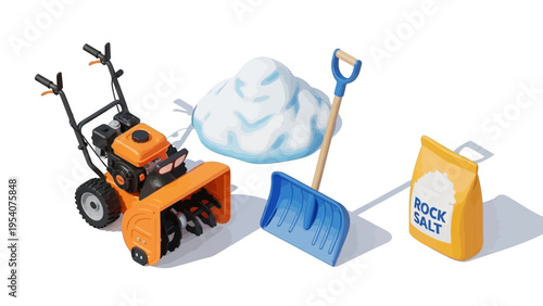 Snow removal tools and orange snow blower machine