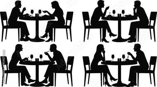 Couple Dinner Silhouettes Set Featuring Man and Woman Sitting at Restaurant Table Eating Food Drinking Wine and Talking for Romantic Date Night Vector Illustration