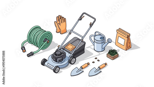 Gardening tools and lawn mower on a white background
