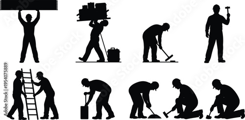 Construction Worker Silhouettes Set Featuring Professional Builders Carrying Materials Using Ladders Hammering Digging and Manual Labor Tasks for Industrial Site Infrastructure Engineering Projects