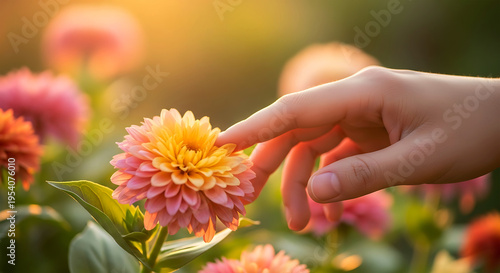 Hand gently touching a pink and yellow dahlia flower in warm sunlight finger