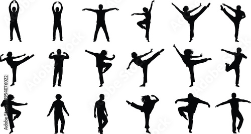 Large set of black silhouettes of people in action poses, martial arts, karate kick, contemporary dance moves, workout exercise, fitness vector illustration isolated.