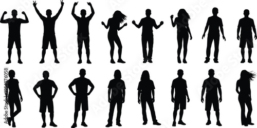 Large set of black silhouettes of people standing in various poses, men and women celebrating, gesturing and casual characters, vector illustration isolated on white.