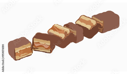Broken chocolate wafer snack with caramel filling pieces isolated on white background 3D illustration