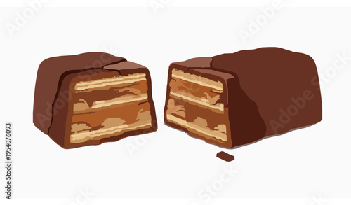 Cracked chocolate bar with caramel and crispy wafer layers isolated on white 3D snack illustration