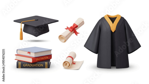 Graduation cap and gown with diploma and books