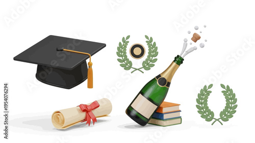 Graduation cap and champagne bottle on books celebrate achievement