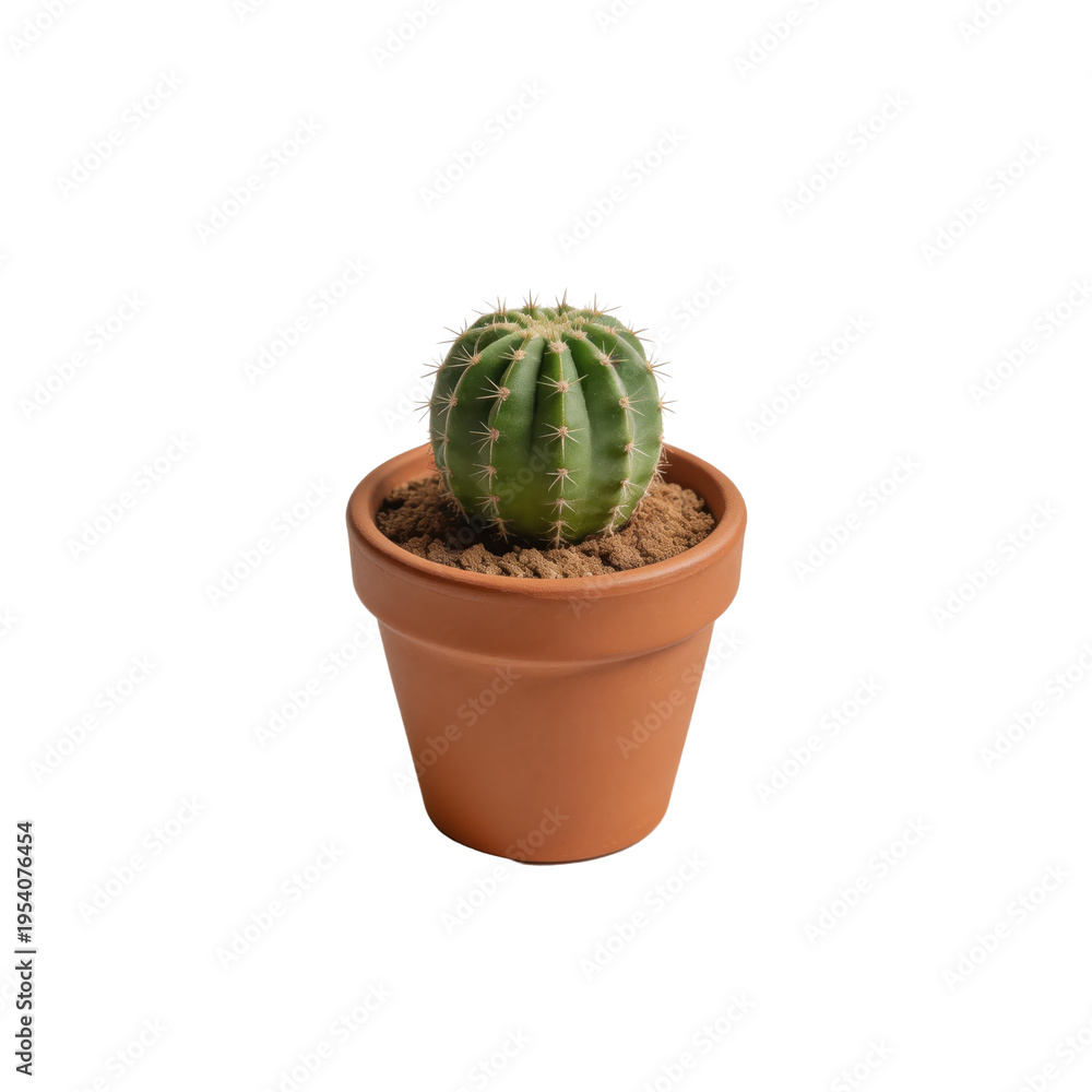 Fototapeta premium Round green ball cactus with sharp yellowish spines grows in a traditional terracotta pot filled with dry soil over a plain white backdrop.