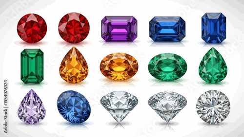 Colorful precious gemstones in various cuts and shapes displayed