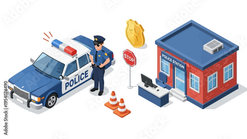 Police officer standing beside a police car and station