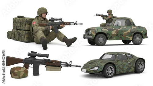 Soldiers in camouflage gear with military vehicles and guns