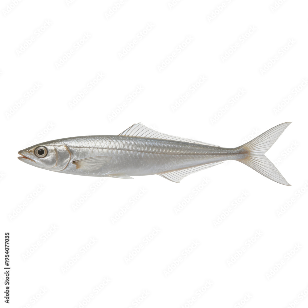 Fototapeta premium Round herring fish is presented in a lateral profile view against a clean white background.