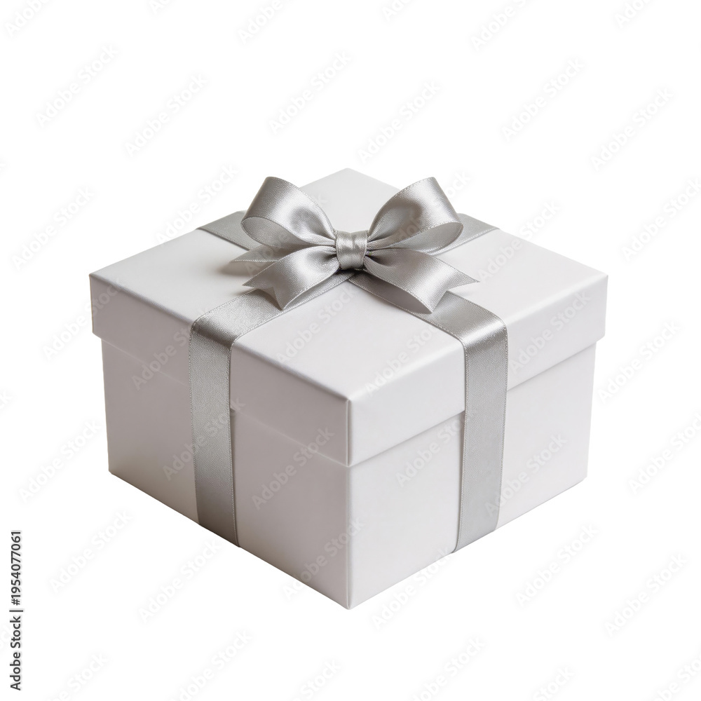 Fototapeta premium Elegant white gift box is decorated with a shimmering silver satin ribbon and a large decorative bow against a plain white background.