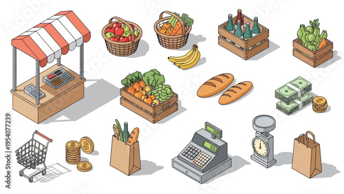 Colorful illustration of grocery store items and stand