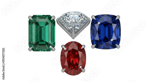 Precious gemstones in silver settings on white background