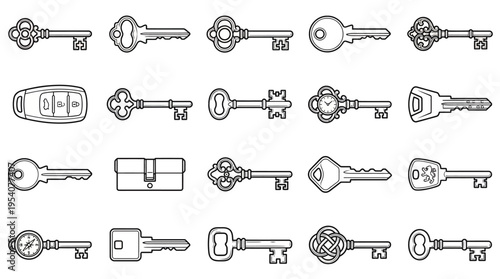 Stylized vector key icons in a clean outline design, perfect for illustrating concepts of access, protection, solutions, and security across various applications