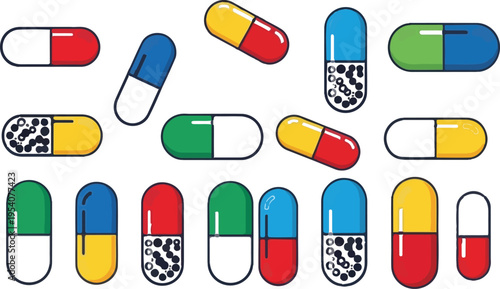 A collection of colorful pharmaceutical pill capsules isolated on a plain white background surface