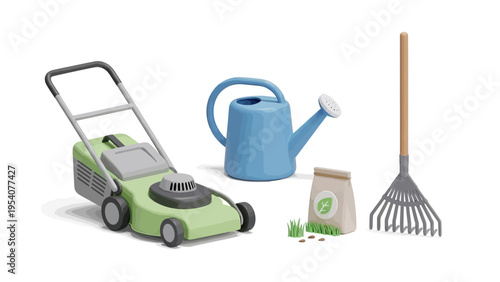 Green lawn mower and gardening tools on white background