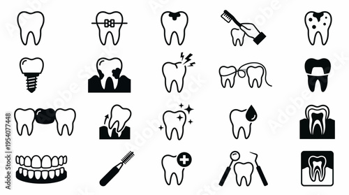 Collection of dental care and treatment icons representing oral hygiene, teeth health, and professional dentistry services