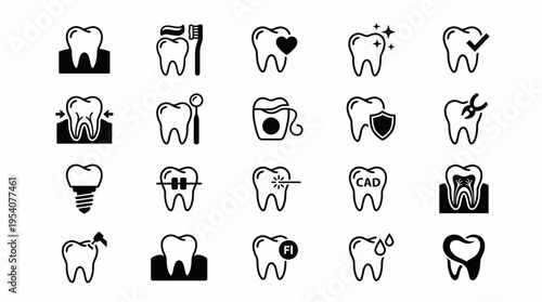 Collection of dental health icons featuring teeth, implants, braces, and dental care symbols, perfect for medical and hygiene-related content