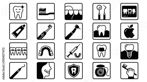 Comprehensive collection of minimalist dental care and oral hygiene icons, essential for illustrating various aspects of dentistry and healthy teeth maintenance