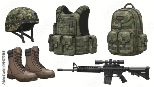 Military gear including helmet and rifle on white