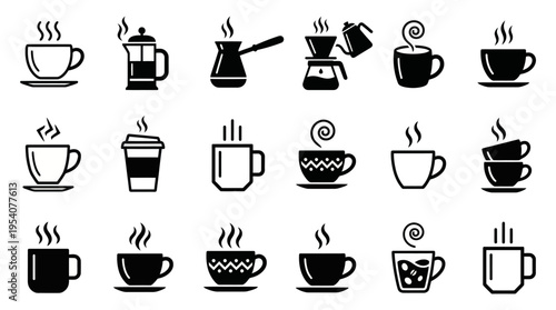 Diverse collection of steaming hot coffee icons and beverage symbols for menus, cafes, and digital designs, capturing the essence of global coffee culture and varied brewing methods