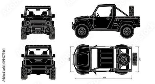 Black silhouette vector orthographic projections of a rugged off-road utility vehicle design