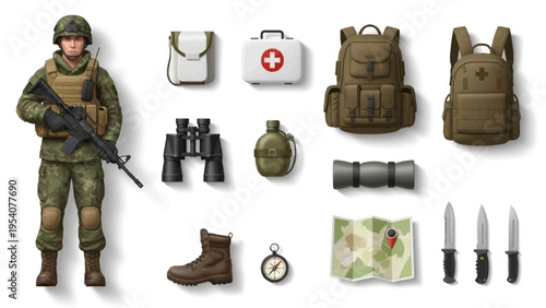 Soldier with military gear and equipment for outdoor survival