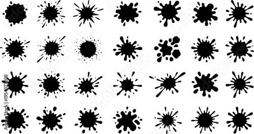 Black paint blots collection featuring cartoon-style paint splatters and ink splashes isolated on a white background. Includes grunge stains, drips, and abstract shapes. Perfect for posters, street ar