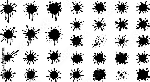 Black paint blots collection featuring cartoon-style paint splatters and ink splashes isolated on a white background. Includes grunge stains, drips, and abstract shapes. Perfect for posters, street ar