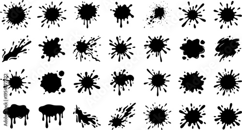 Black paint blots collection featuring cartoon-style paint splatters and ink splashes isolated on a white background. Includes grunge stains, drips, and abstract shapes. Perfect for posters, street ar