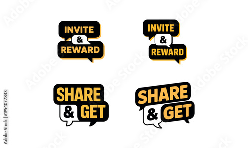 Invite and reward share and get speech bubble badges isolated on white background for referral marketing concept
